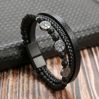 Trendigt Flätat Läderarmband för Män med Tigereye-Kulor - Mångskikts Hantverk för Stiliga Herrar - Perfekt Smycke för Gåvor 2025