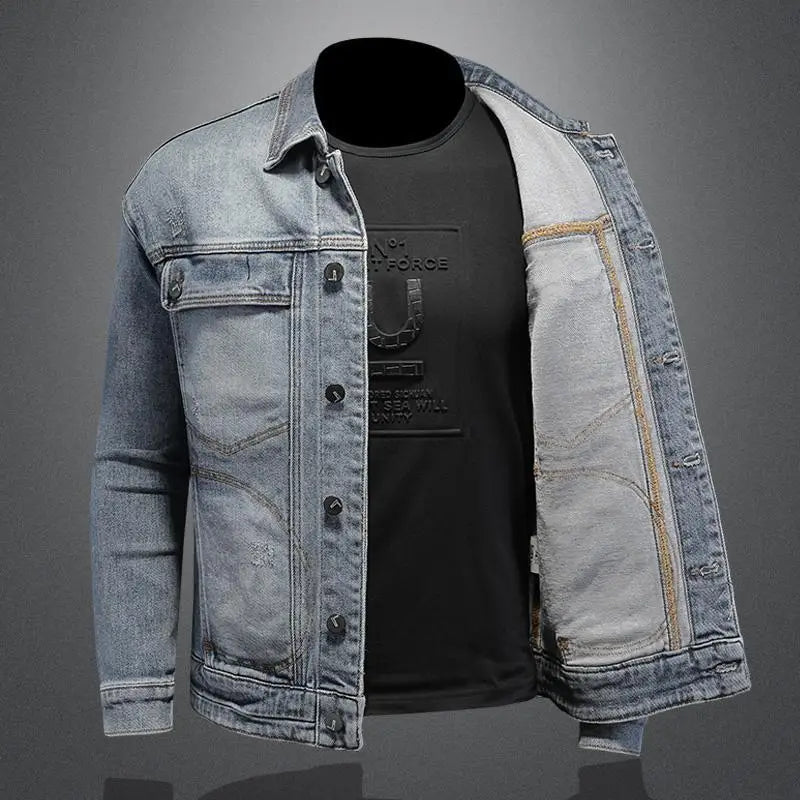 Retro Klassisk Jeansjacka för Män - Löst Passform och Avslappnad Med Fickor - Mångsidig Kragejacka för Hög Gata och Motorcykel