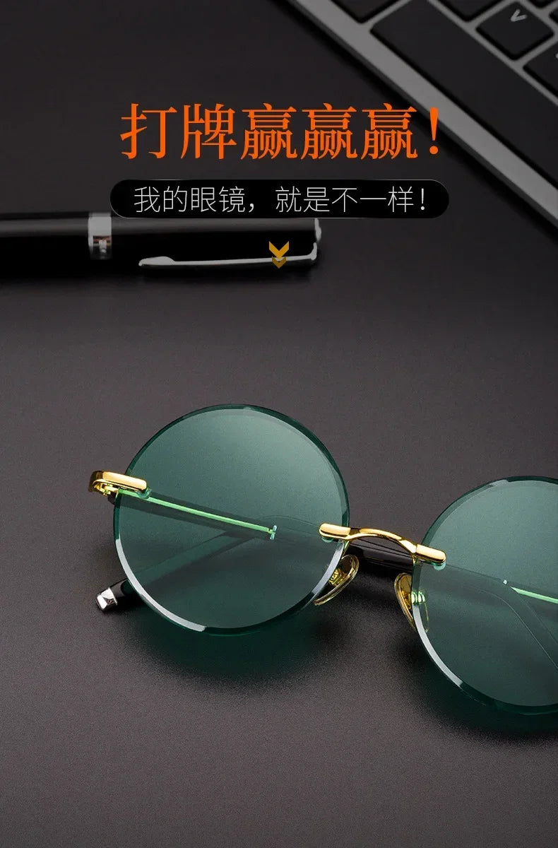 ‏"Classic Retro Rimless Sunglasses - Unisex Crystal Dark Green Lens for Outdoor Driving"