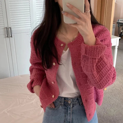 Fashion Long Sleeve Knitted Cardigan Jacket for Women Spring Autumn Elegant Korean O Neck Casual Sweater Loose Retro Short Coats