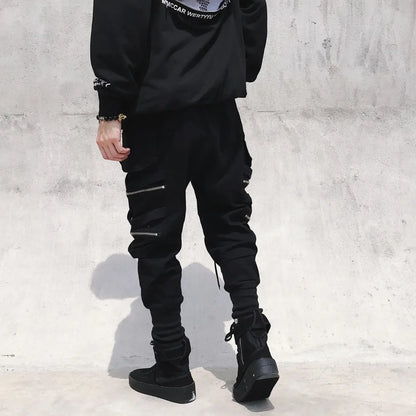 Moderna Herr Cargo Byxor med Dragkedja - Bred Ben Hip Hop Streetwear - Avslappnade Byxor med Dekorativ Snörning