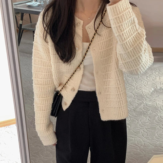 Fashion Long Sleeve Knitted Cardigan Jacket for Women Spring Autumn Elegant Korean O Neck Casual Sweater Loose Retro Short Coats