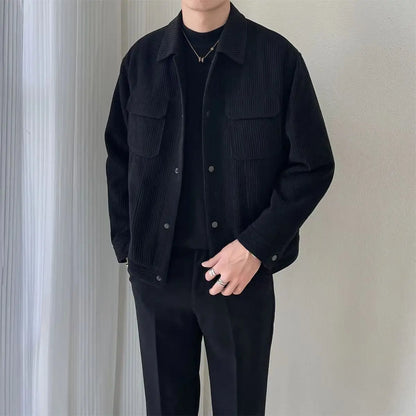 Korean 2024 Men's Boyfriend New Patchwork Turn-down Collar Button Pocket Fashion Solid Color Loose Casual Long Sleeve Jackets