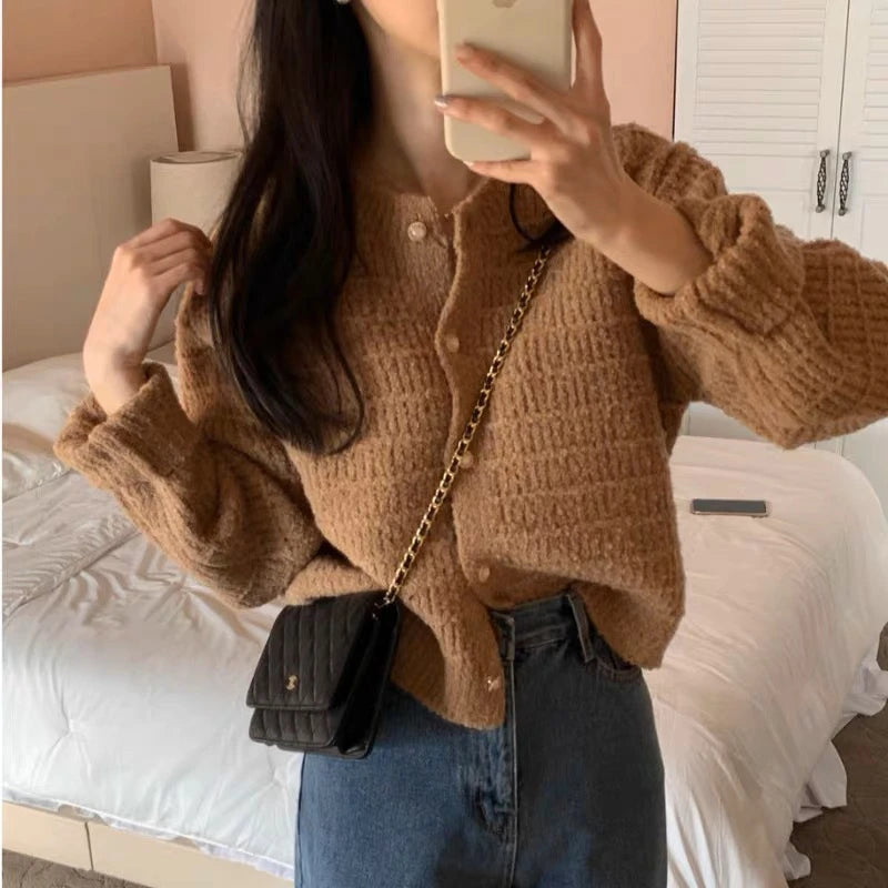 Fashion Long Sleeve Knitted Cardigan Jacket for Women Spring Autumn Elegant Korean O Neck Casual Sweater Loose Retro Short Coats
