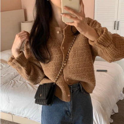Fashion Long Sleeve Knitted Cardigan Jacket for Women Spring Autumn Elegant Korean O Neck Casual Sweater Loose Retro Short Coats