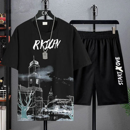 Sommar Snabbtorkande Herr Set - Trendiga Träningsdräkter med Kortärmad 3D-tryckt Sportt-shirt och Shorts. Bekväm Basket Set för Aktiv Livsstil.