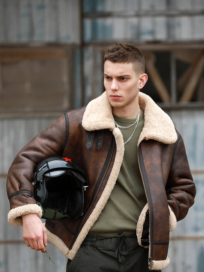 Herrar Vinterkappa i Äkta Läder - Naturlig Shearling Jacka för Motorcyklister och Piloter, Stora Storlekar upp till 7XL i Stilig Brun