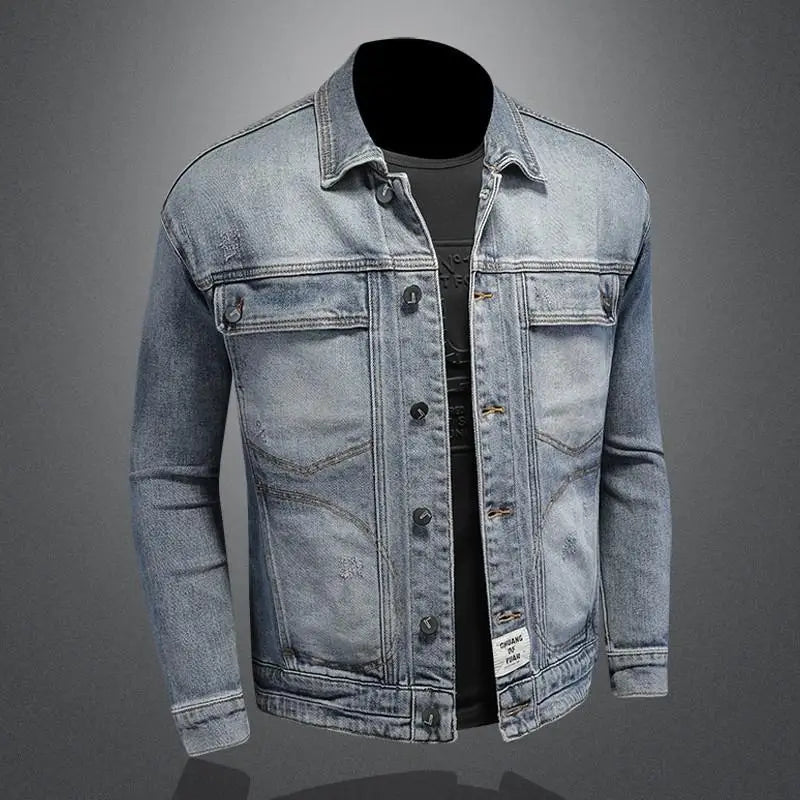 Retro Klassisk Jeansjacka för Män - Löst Passform och Avslappnad Med Fickor - Mångsidig Kragejacka för Hög Gata och Motorcykel