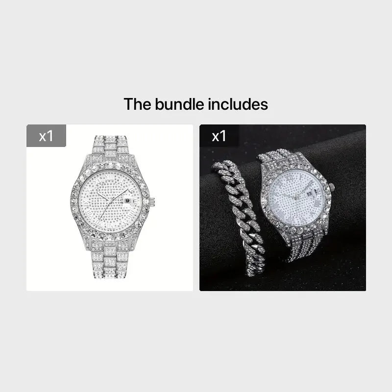 2 pieces/set of luxury men's hip-hop watches, adorned with sparkling artificial diamonds and Cuban chain bracelets