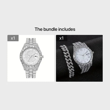 2 pieces/set of luxury men's hip-hop watches, adorned with sparkling artificial diamonds and Cuban chain bracelets