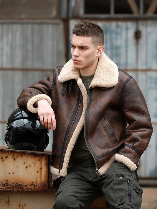 Herrar Vinterkappa i Äkta Läder - Naturlig Shearling Jacka för Motorcyklister och Piloter, Stora Storlekar upp till 7XL i Stilig Brun