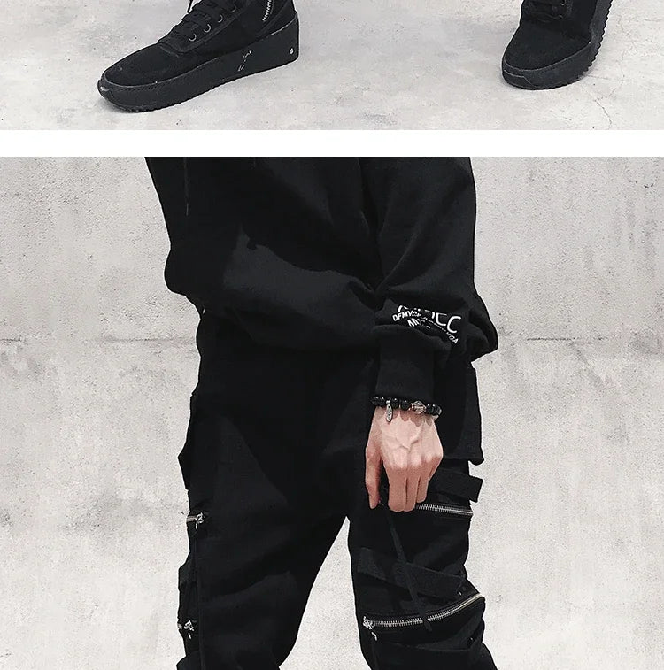 Moderna Herr Cargo Byxor med Dragkedja - Bred Ben Hip Hop Streetwear - Avslappnade Byxor med Dekorativ Snörning