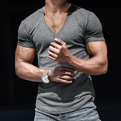 Men's Casual Slim Short Sleeve T-Shirt Sports Fitness Running V Neck Tops Summer Causal Daily Outdoor Clothing Men T Shirt S-3XL