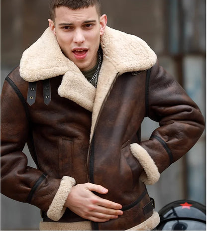 Herrar Vinterkappa i Äkta Läder - Naturlig Shearling Jacka för Motorcyklister och Piloter, Stora Storlekar upp till 7XL i Stilig Brun