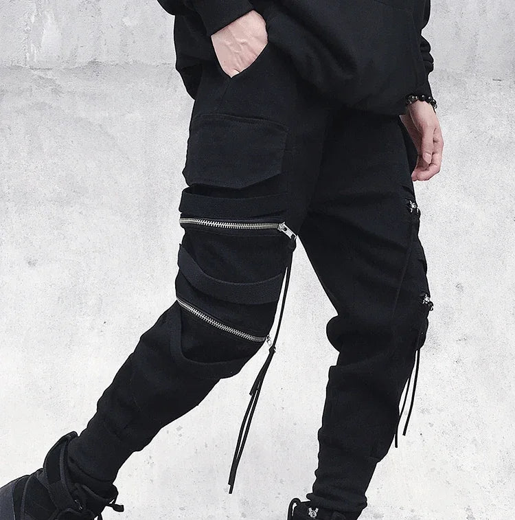 Moderna Herr Cargo Byxor med Dragkedja - Bred Ben Hip Hop Streetwear - Avslappnade Byxor med Dekorativ Snörning