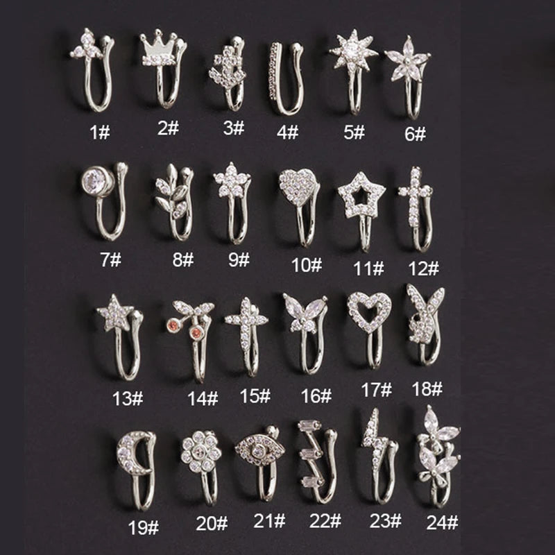 Falsk Piercing Clip Nässmycke - Trendigt Kroppssmycke för Kvinnor - 1 Styck Örclip med Hjärtan, Stjärnor, Blommor och Fjärilar