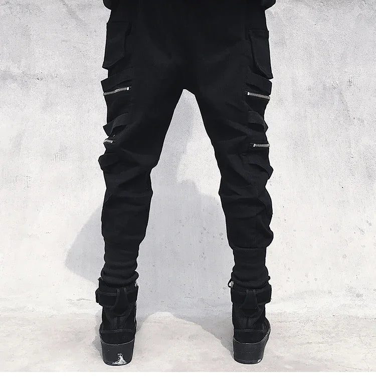 Moderna Herr Cargo Byxor med Dragkedja - Bred Ben Hip Hop Streetwear - Avslappnade Byxor med Dekorativ Snörning