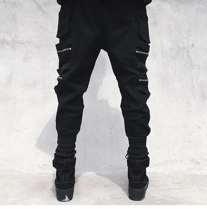 Moderna Herr Cargo Byxor med Dragkedja - Bred Ben Hip Hop Streetwear - Avslappnade Byxor med Dekorativ Snörning