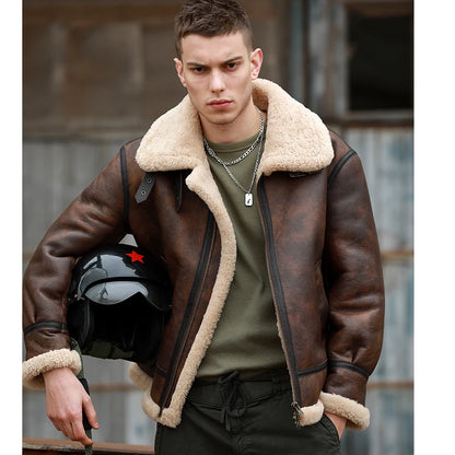 Herrar Vinterkappa i Äkta Läder - Naturlig Shearling Jacka för Motorcyklister och Piloter, Stora Storlekar upp till 7XL i Stilig Brun