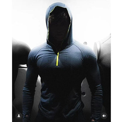 Mäns Snabbtorkande Andningsbar Slim Fit Elastisk Huva Zip T-shirt med Långa Ärmar för Fitness och Sport