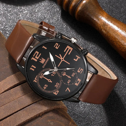 5-delars Set Trendiga Herrarmbandsur - Retro Klocka med Stor Urskiva i Quartz för Casual Stil. Klassisk Brun Läderrem för Sport och Fritid.