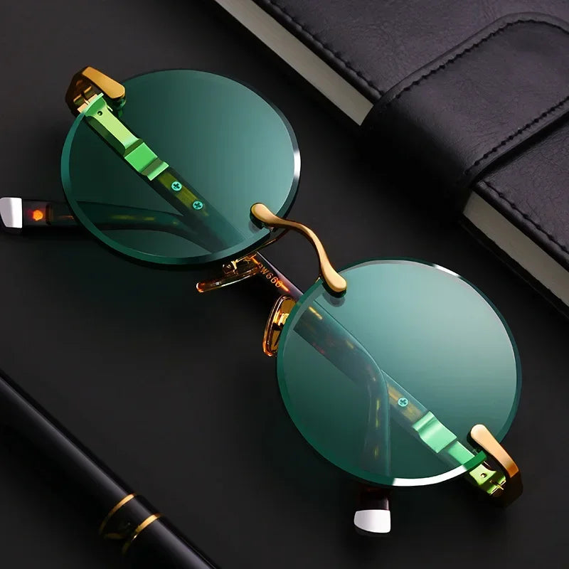 ‏"Classic Retro Rimless Sunglasses - Unisex Crystal Dark Green Lens for Outdoor Driving"