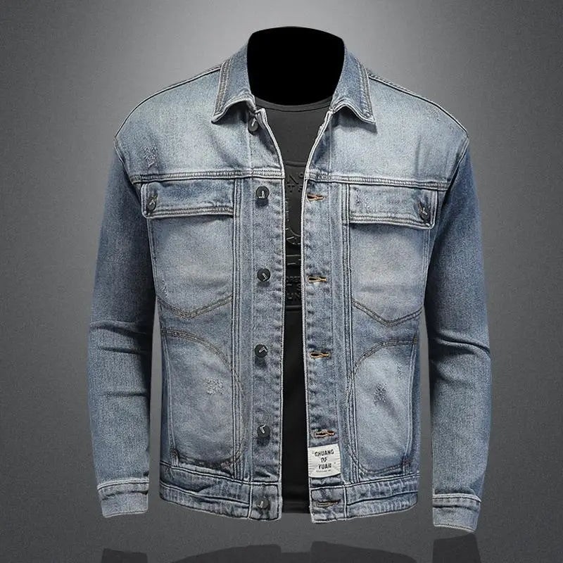 Retro Klassisk Jeansjacka för Män - Löst Passform och Avslappnad Med Fickor - Mångsidig Kragejacka för Hög Gata och Motorcykel