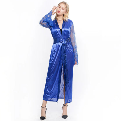 Elegant Women's Lace Lingerie Nightdress - Long Ice Silk Bath Robe in Solid Colors
