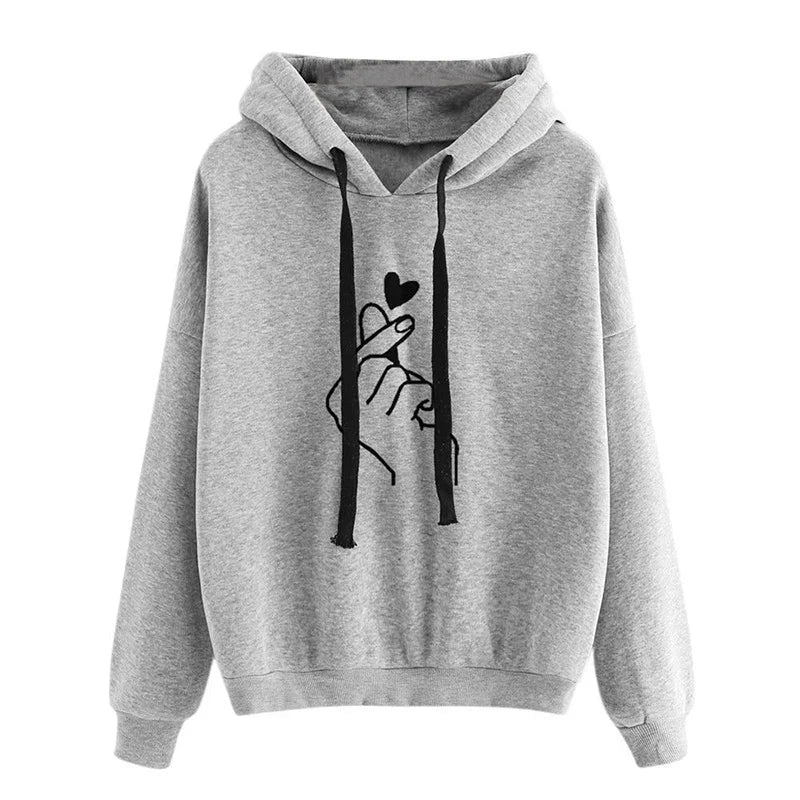 Höst Fleece Hoodie med Fingerhjärta - Enfärgad Koreansk Mode Sweatshirt med Lång Ärmar och Rymliga Fickor