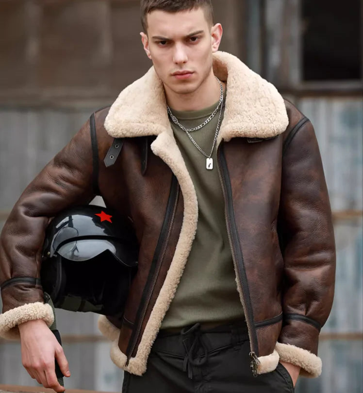 Herrar Vinterkappa i Äkta Läder - Naturlig Shearling Jacka för Motorcyklister och Piloter, Stora Storlekar upp till 7XL i Stilig Brun