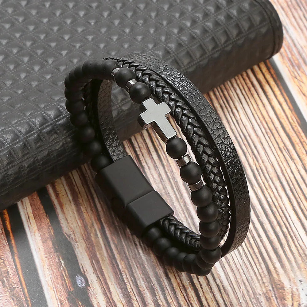 Trendigt Flätat Läderarmband för Män med Tigereye-Kulor - Mångskikts Hantverk för Stiliga Herrar - Perfekt Smycke för Gåvor 2025