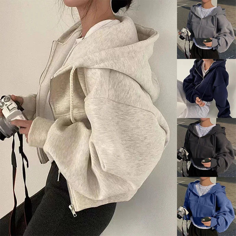 2024 Vår och Höst - Ny Fleecefodrad, Allsidig Zip-Hoodie för Kvinnor - Slimmad Passform i Mörkblått för en Elegant Silhuett