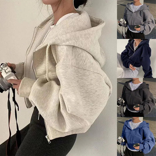 2024 Vår och Höst - Ny Fleecefodrad, Allsidig Zip-Hoodie för Kvinnor - Slimmad Passform i Mörkblått för en Elegant Silhuett