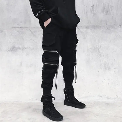 Moderna Herr Cargo Byxor med Dragkedja - Bred Ben Hip Hop Streetwear - Avslappnade Byxor med Dekorativ Snörning
