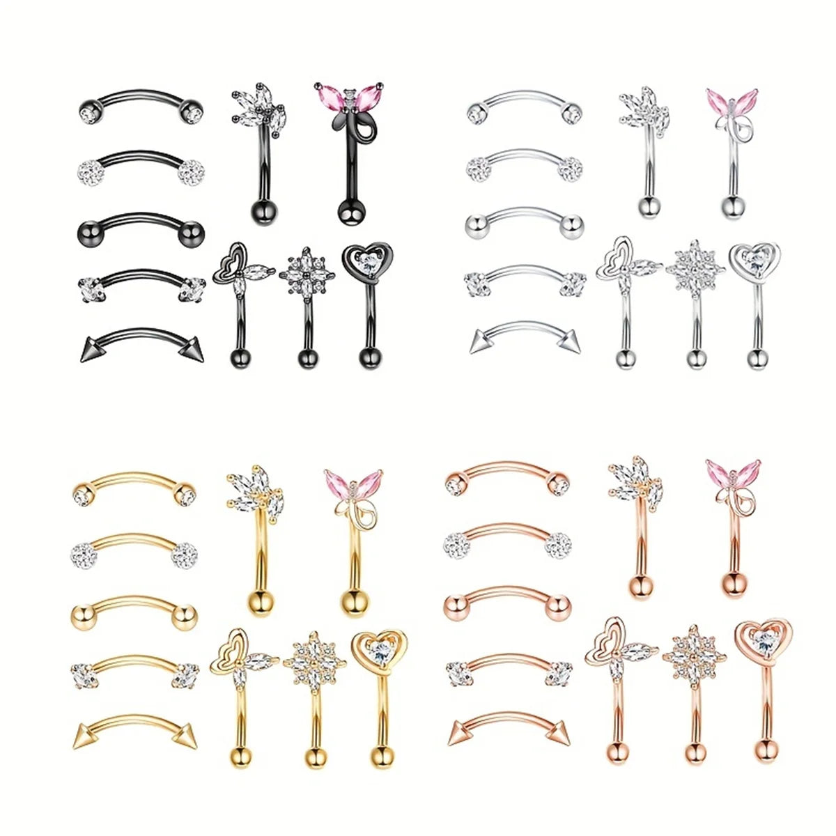 10-Pack 316L Rostfritt Stål Cubic Zirconia Hjärta Ögonbrynsringar Set - Daith Cartilage Conch Piercing Smycken