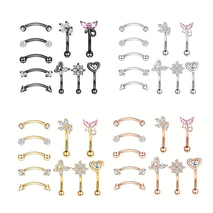 10-Pack 316L Rostfritt Stål Cubic Zirconia Hjärta Ögonbrynsringar Set - Daith Cartilage Conch Piercing Smycken