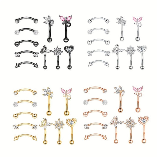 10-Pack 316L Rostfritt Stål Cubic Zirconia Hjärta Ögonbrynsringar Set - Daith Cartilage Conch Piercing Smycken