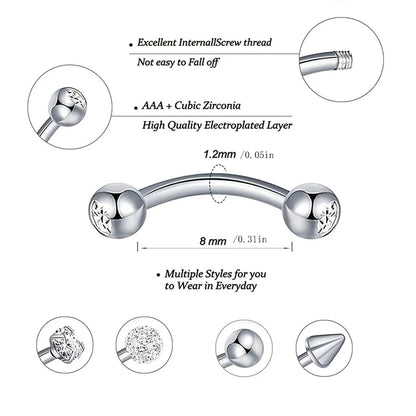 10-Pack 316L Rostfritt Stål Cubic Zirconia Hjärta Ögonbrynsringar Set - Daith Cartilage Conch Piercing Smycken