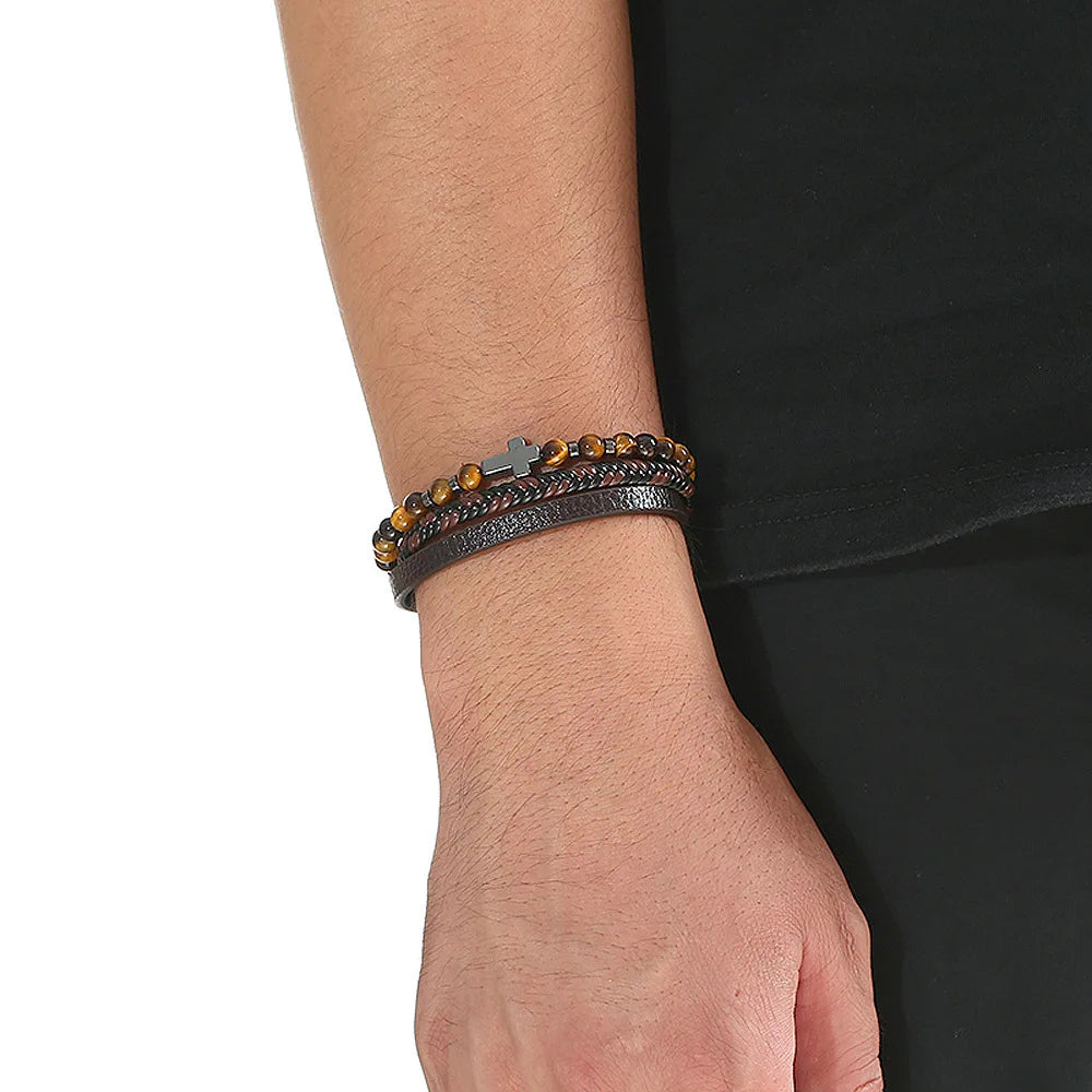 Trendigt Flätat Läderarmband för Män med Tigereye-Kulor - Mångskikts Hantverk för Stiliga Herrar - Perfekt Smycke för Gåvor 2025