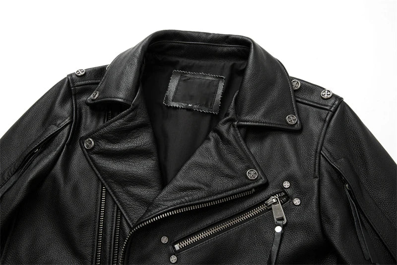 Herrarnas Äkta Läder Motorcykeljacka - Retro Moto Jacka i Första Lagret Kossinappa, Stora Storlekar för Stiliga Bikers