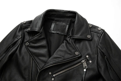 Herrarnas Äkta Läder Motorcykeljacka - Retro Moto Jacka i Första Lagret Kossinappa, Stora Storlekar för Stiliga Bikers