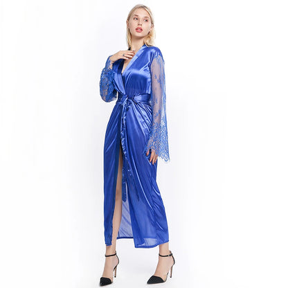 Elegant Women's Lace Lingerie Nightdress - Long Ice Silk Bath Robe in Solid Colors