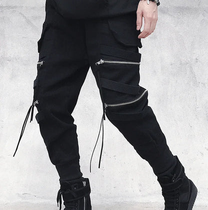 Moderna Herr Cargo Byxor med Dragkedja - Bred Ben Hip Hop Streetwear - Avslappnade Byxor med Dekorativ Snörning