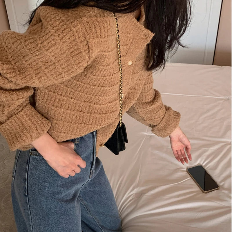 Fashion Long Sleeve Knitted Cardigan Jacket for Women Spring Autumn Elegant Korean O Neck Casual Sweater Loose Retro Short Coats