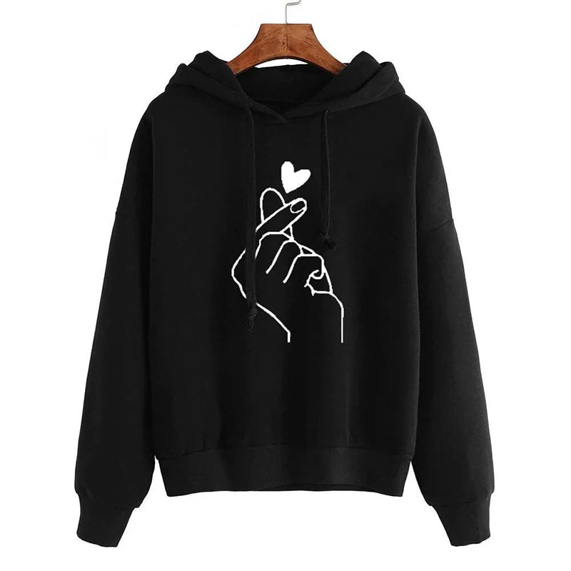 Höst Fleece Hoodie med Fingerhjärta - Enfärgad Koreansk Mode Sweatshirt med Lång Ärmar och Rymliga Fickor