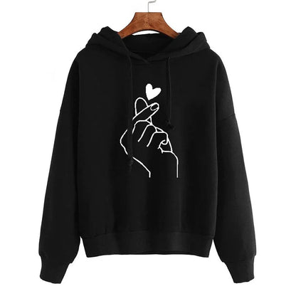 Höst Fleece Hoodie med Fingerhjärta - Enfärgad Koreansk Mode Sweatshirt med Lång Ärmar och Rymliga Fickor