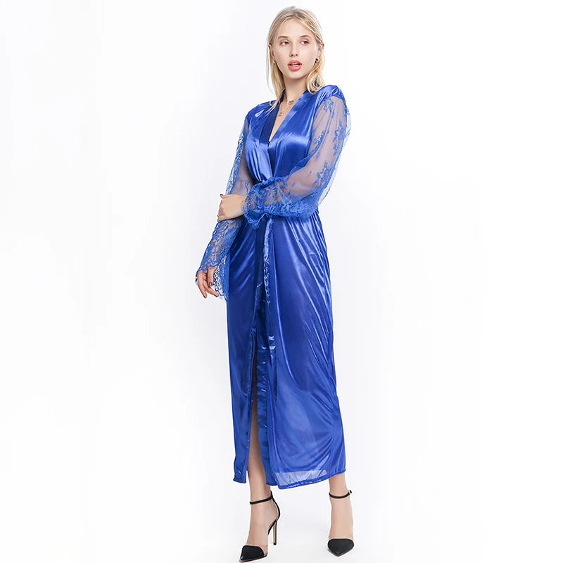 Elegant Women's Lace Lingerie Nightdress - Long Ice Silk Bath Robe in Solid Colors