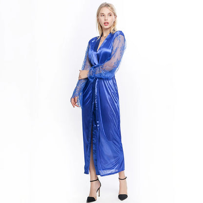 Elegant Women's Lace Lingerie Nightdress - Long Ice Silk Bath Robe in Solid Colors