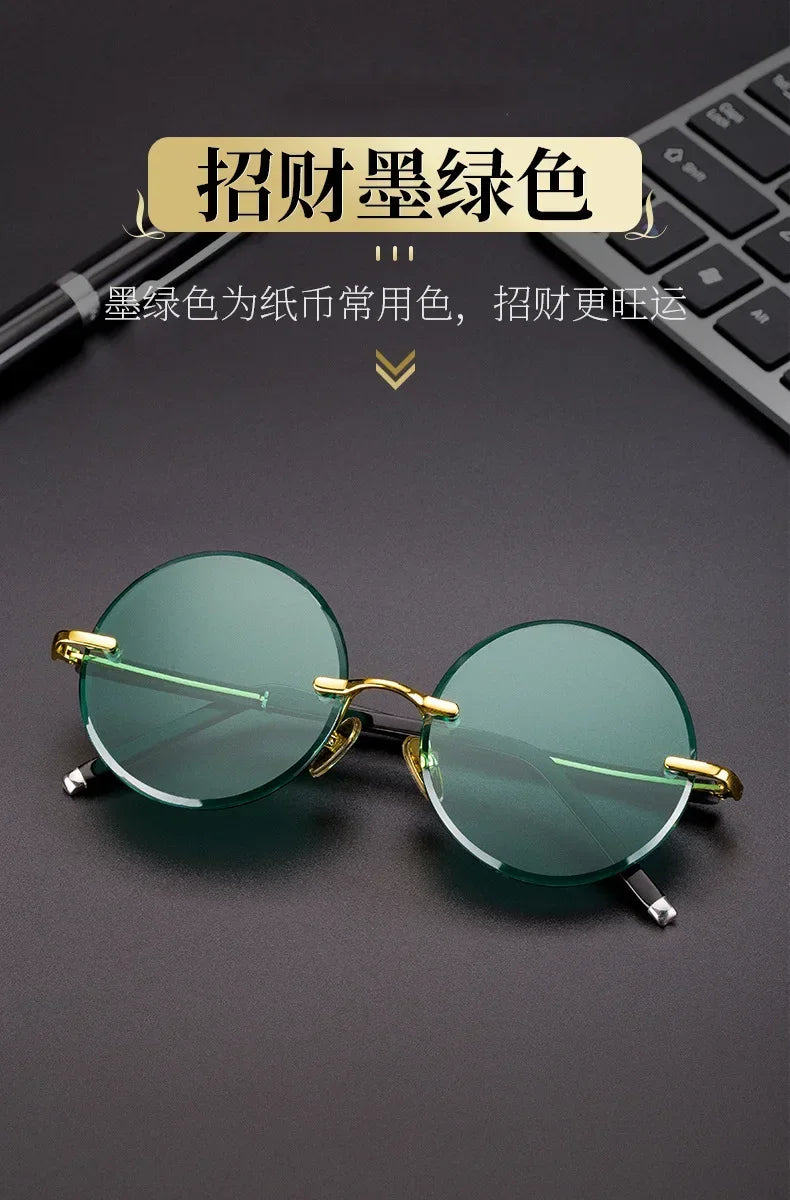 ‏"Classic Retro Rimless Sunglasses - Unisex Crystal Dark Green Lens for Outdoor Driving"