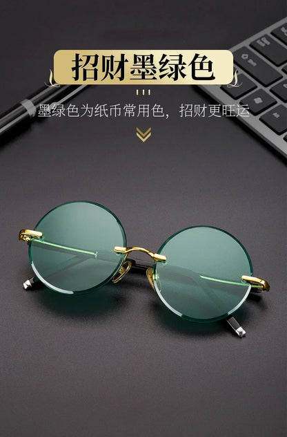 ‏"Classic Retro Rimless Sunglasses - Unisex Crystal Dark Green Lens for Outdoor Driving"